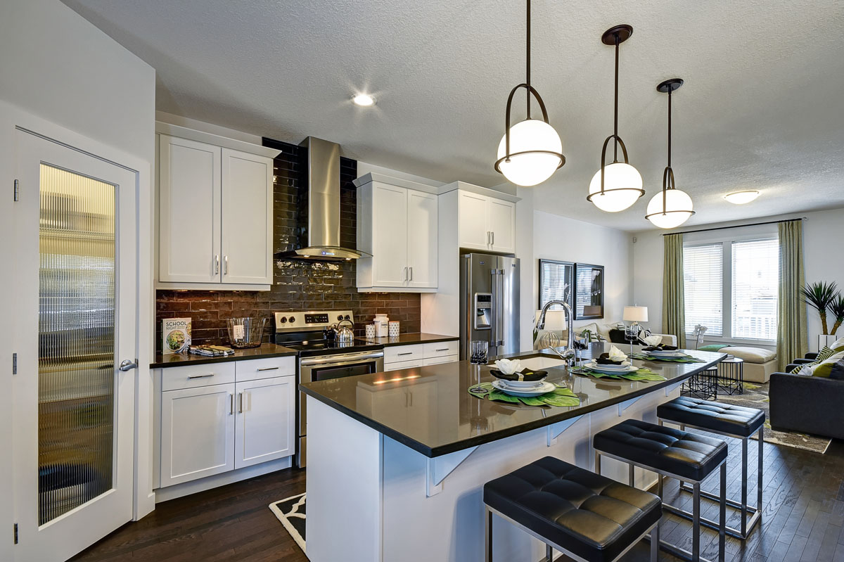 Left side view of the kitchen in the Banbury II model home from Nuvista Homes.