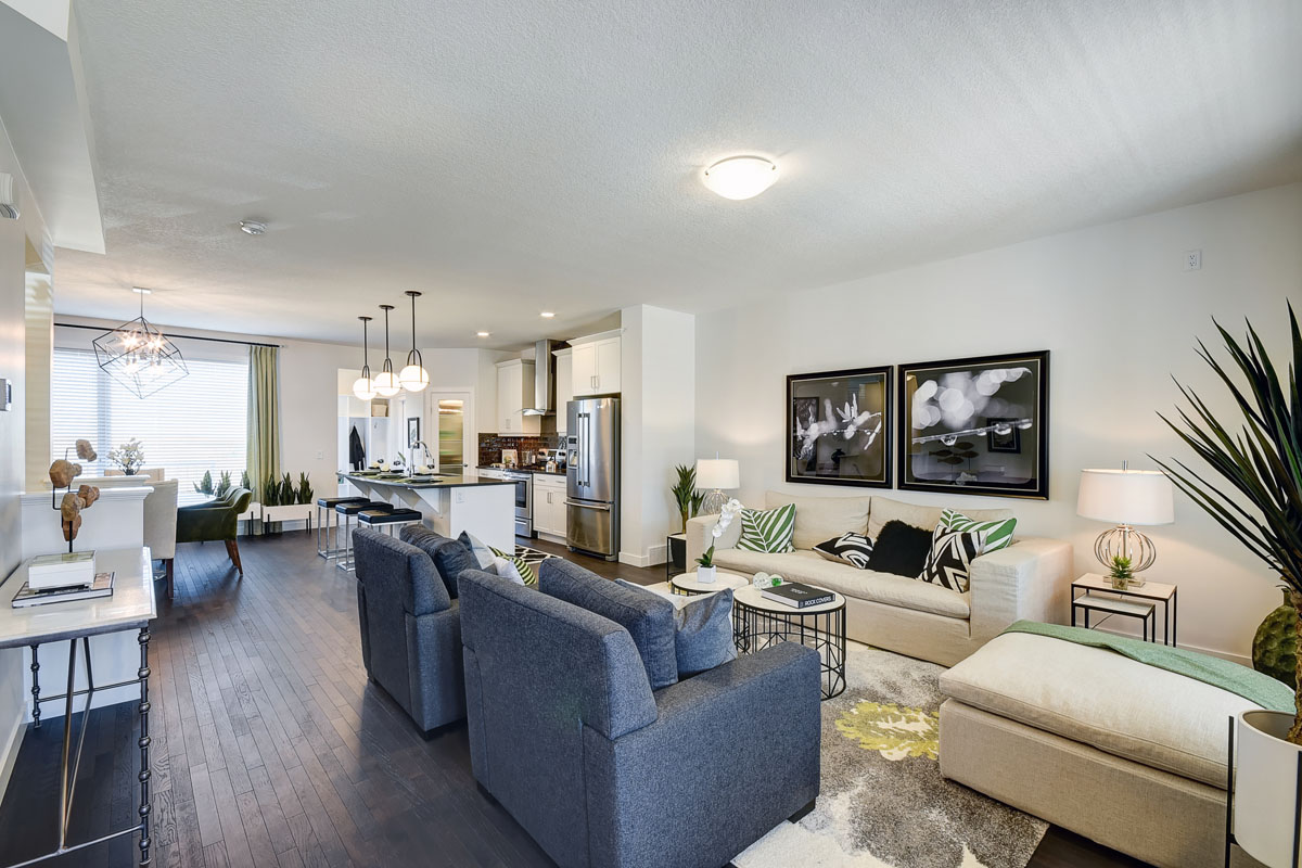 Wide angle shot of the living room in the Banbury II model home from Nuvista Homes.