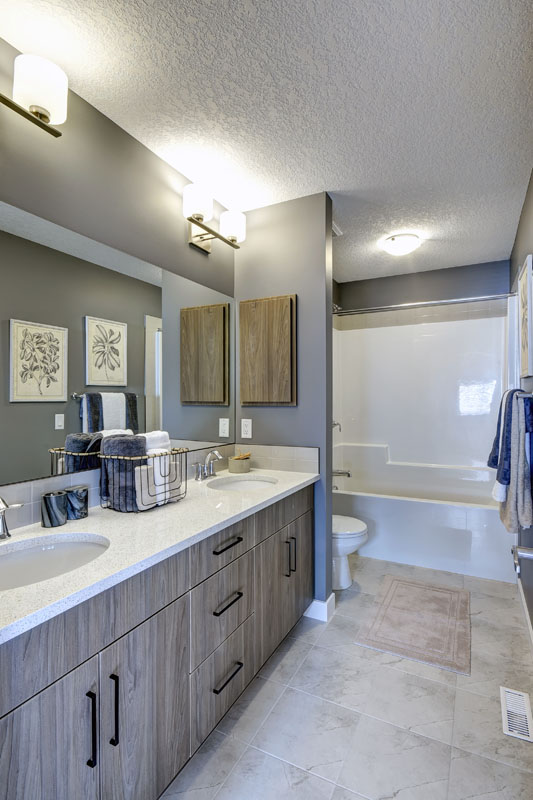 Bathroom in the Hamilton Wil model home with grey tile flooring and modern style vanity.