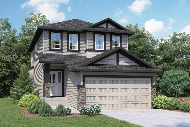 Front exterior rendering of the Hillcrest Contemporary Craftsman from Nuvista Homes.