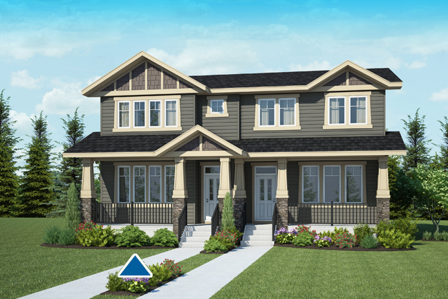 Front exterior rendering of the Hillside Craftsman model home from Nuvista Homes.