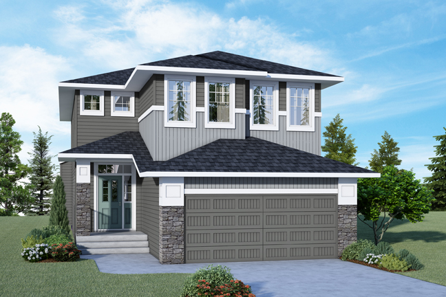 Kirkwood Foursquare Front Exterior Rendering with grey two tone sidding and white trim.