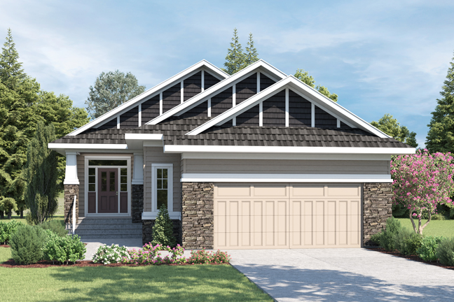 Front Exterior Rendering of the Shoreview Craftsman with natural rock accents and beige sidding.