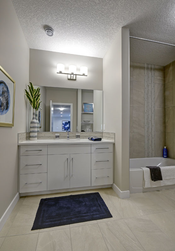 Lower bathroom in the Cayenne model home with large white vanity and stand up shower.