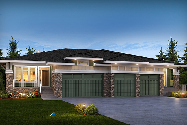 Front exterior rendering of the Cilantro model home with olive green garage doors and beige sidding.