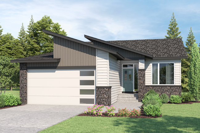 Front Exterior Rendering of the Woodland Contemporary model home from Nuvista Homes.